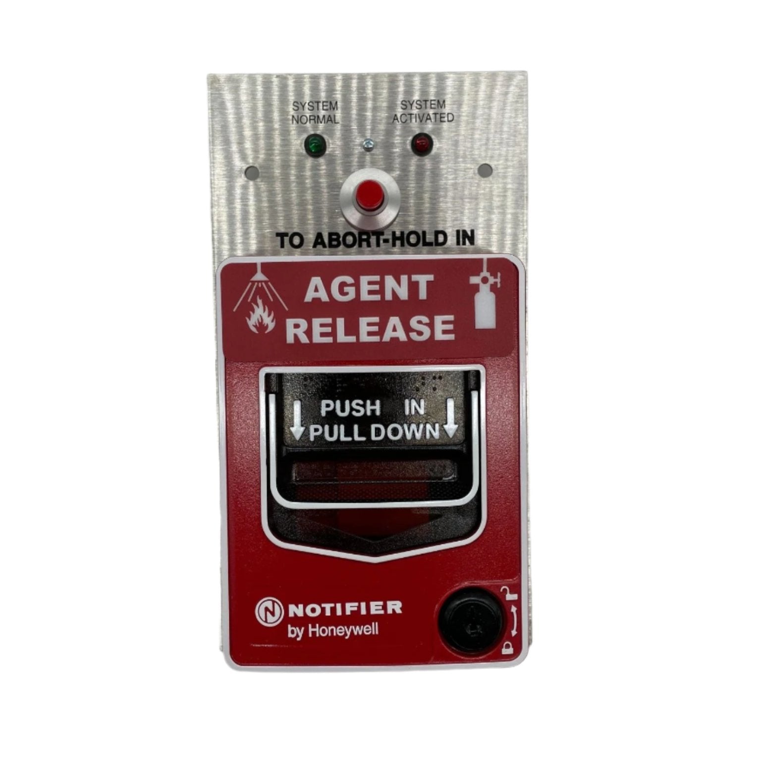 Notifier NBG-12LRA dual-action pull station with agent release mechanism for fire alarm systems.