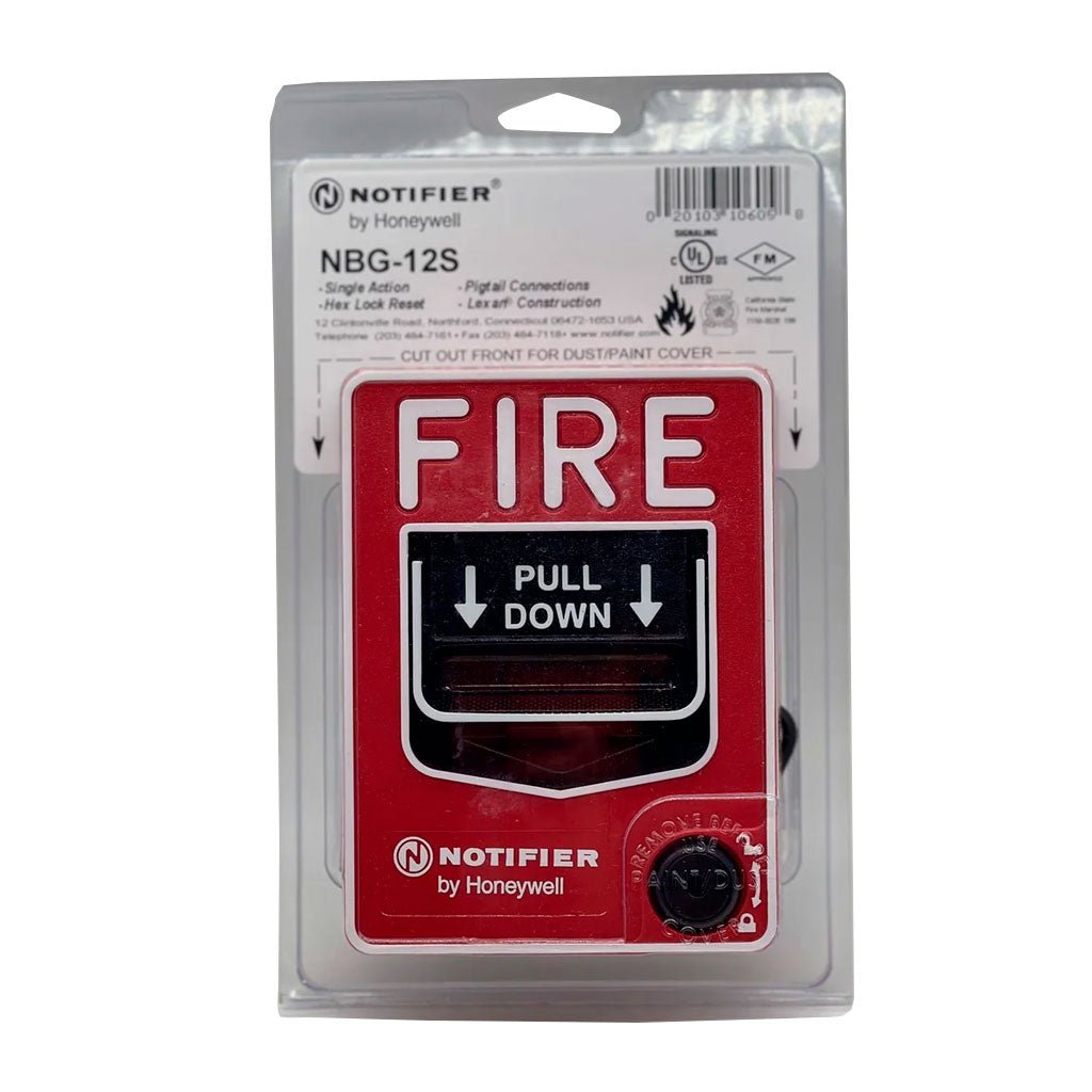 Notifier NBG-12S pull station for fire alarm systems, single-action manual pull station with red finish.