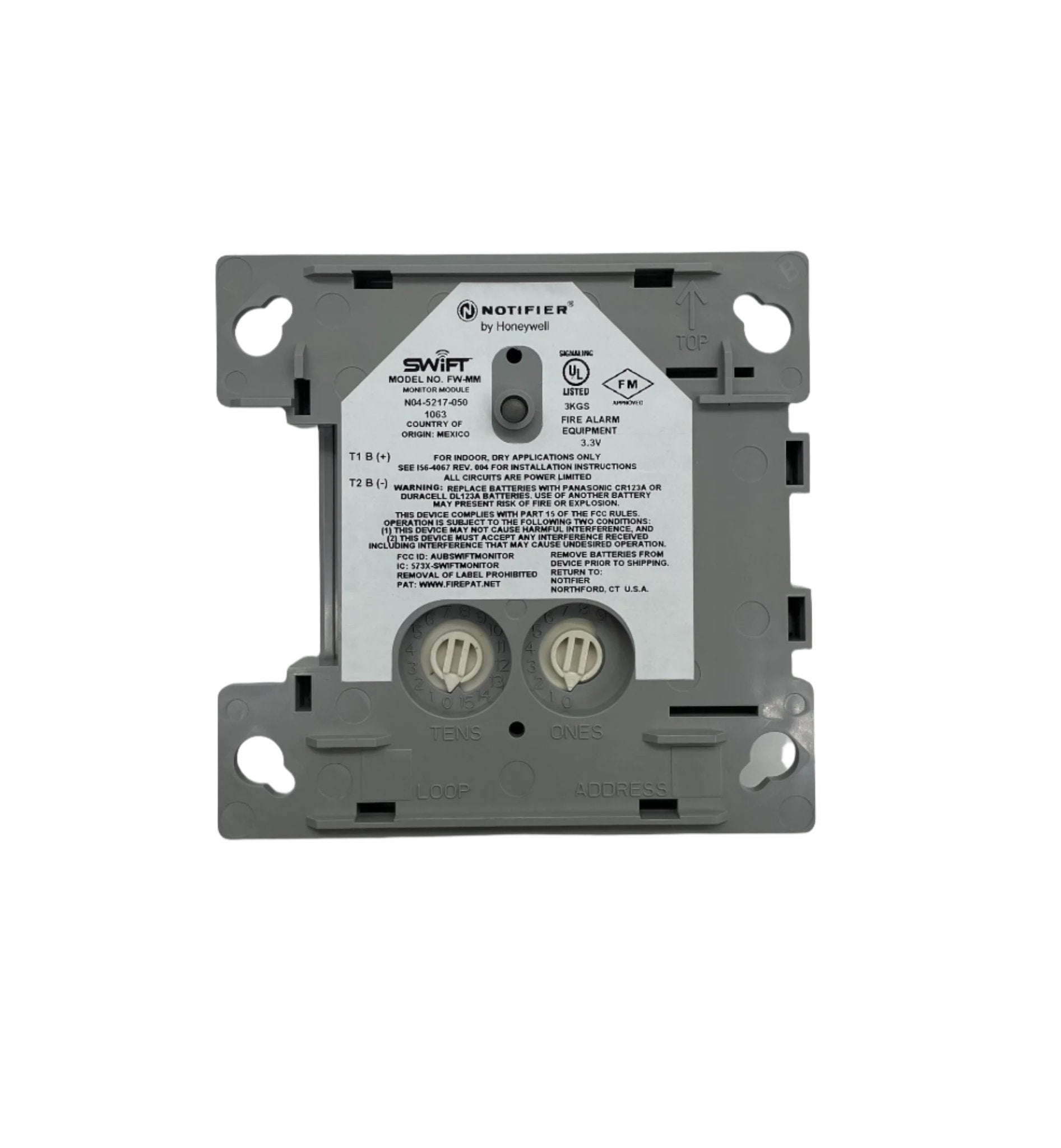 Notifier FW-MM wireless addressable monitor module for fire alarm systems, shown with connection ports and LED indicators.