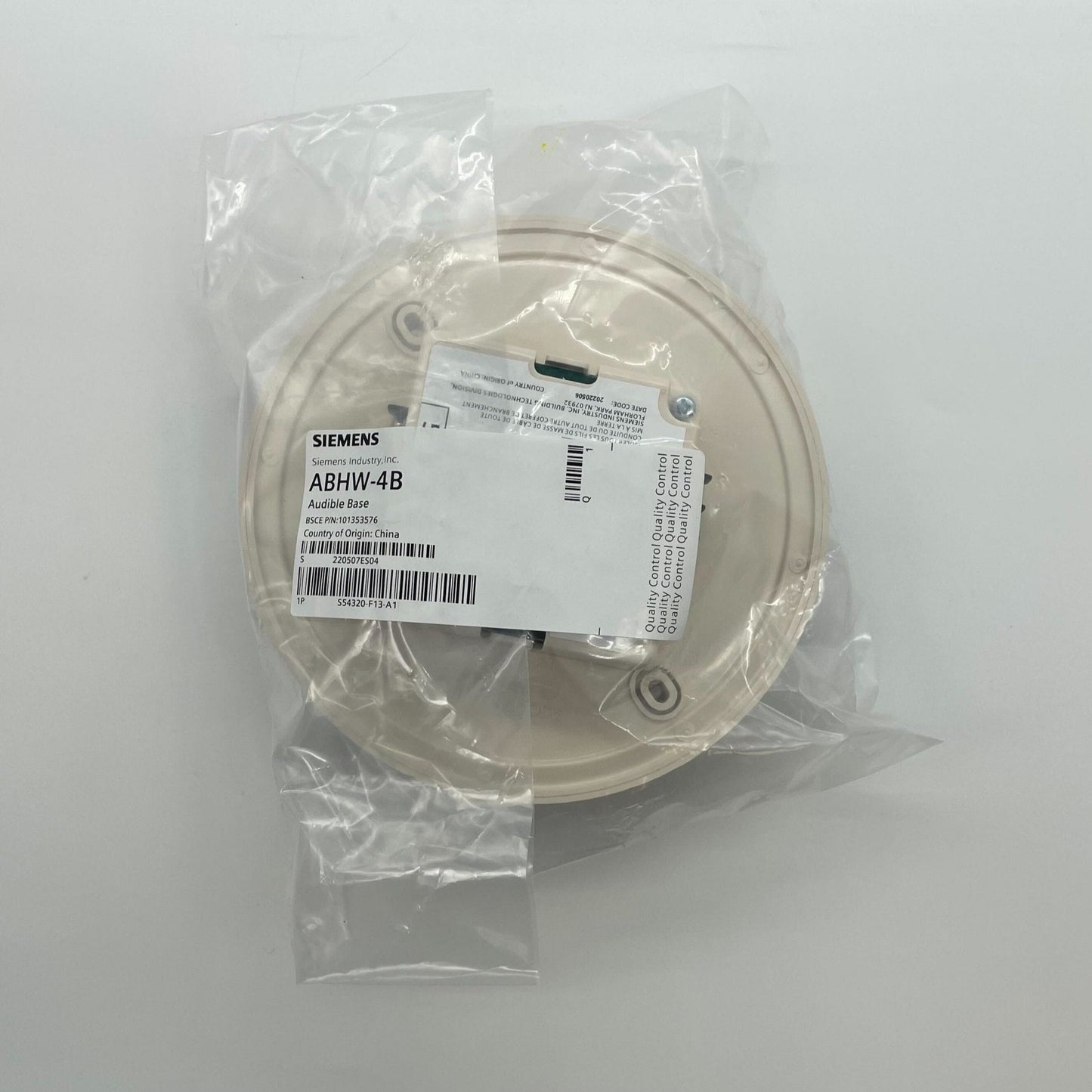 Siemens ABHW-4B Base for electrical devices, featuring a durable plastic construction with a built-in audible buzzer for alerts.