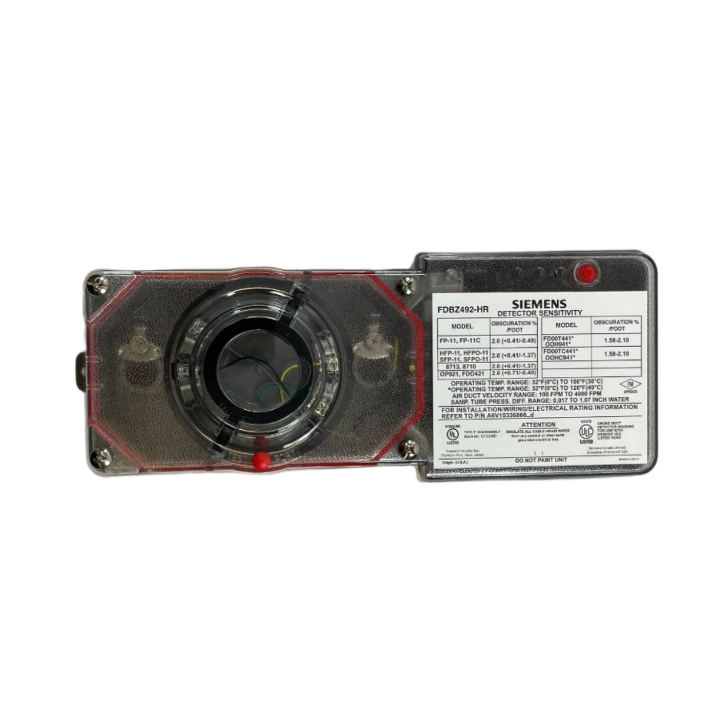 Siemens FDBZ492-HR fire detection base mounted on ceiling with wiring for fire alarm system.