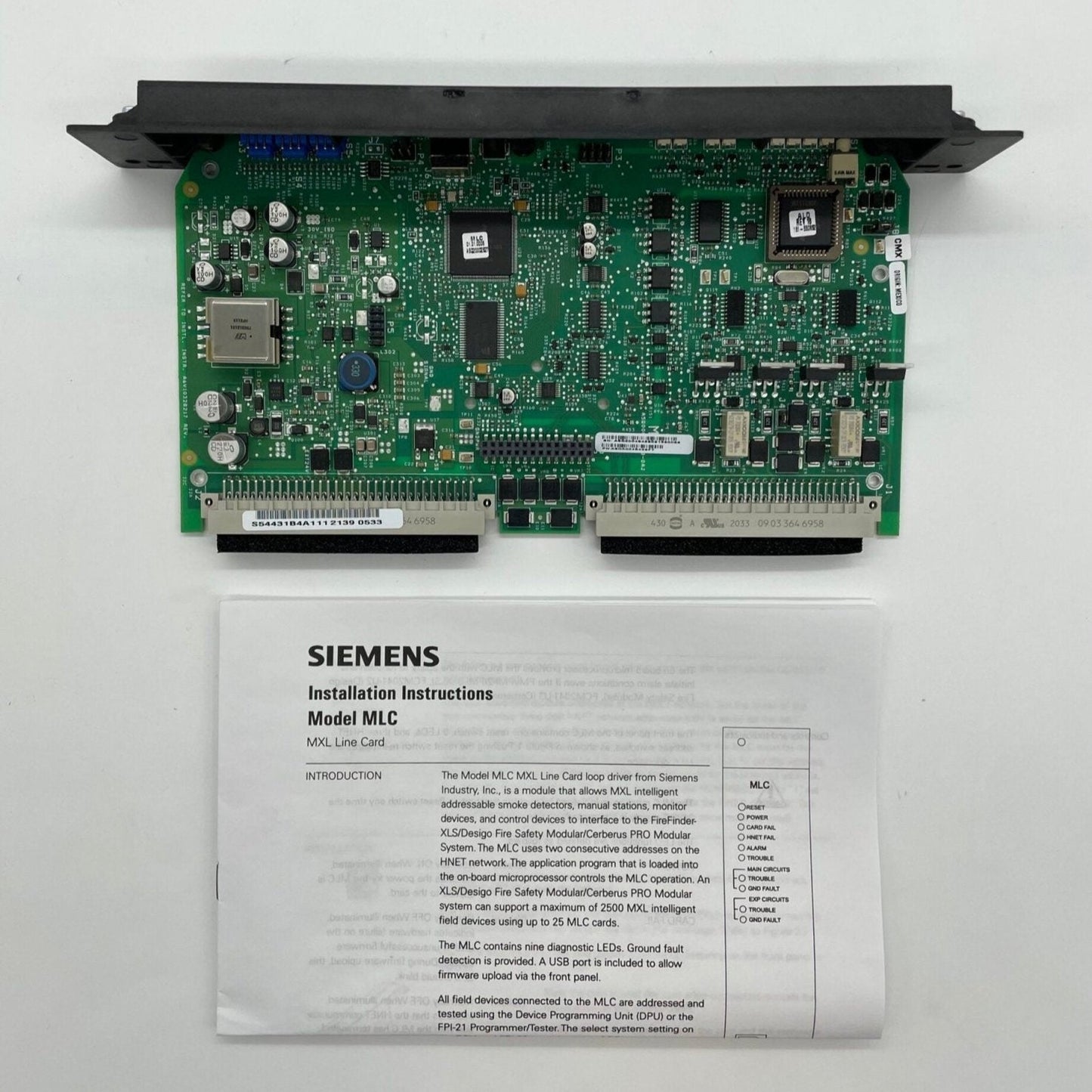Siemens MLC replacement line card for fire alarm system, compatible Siemens MXL addressable device, black circuit board with connectors