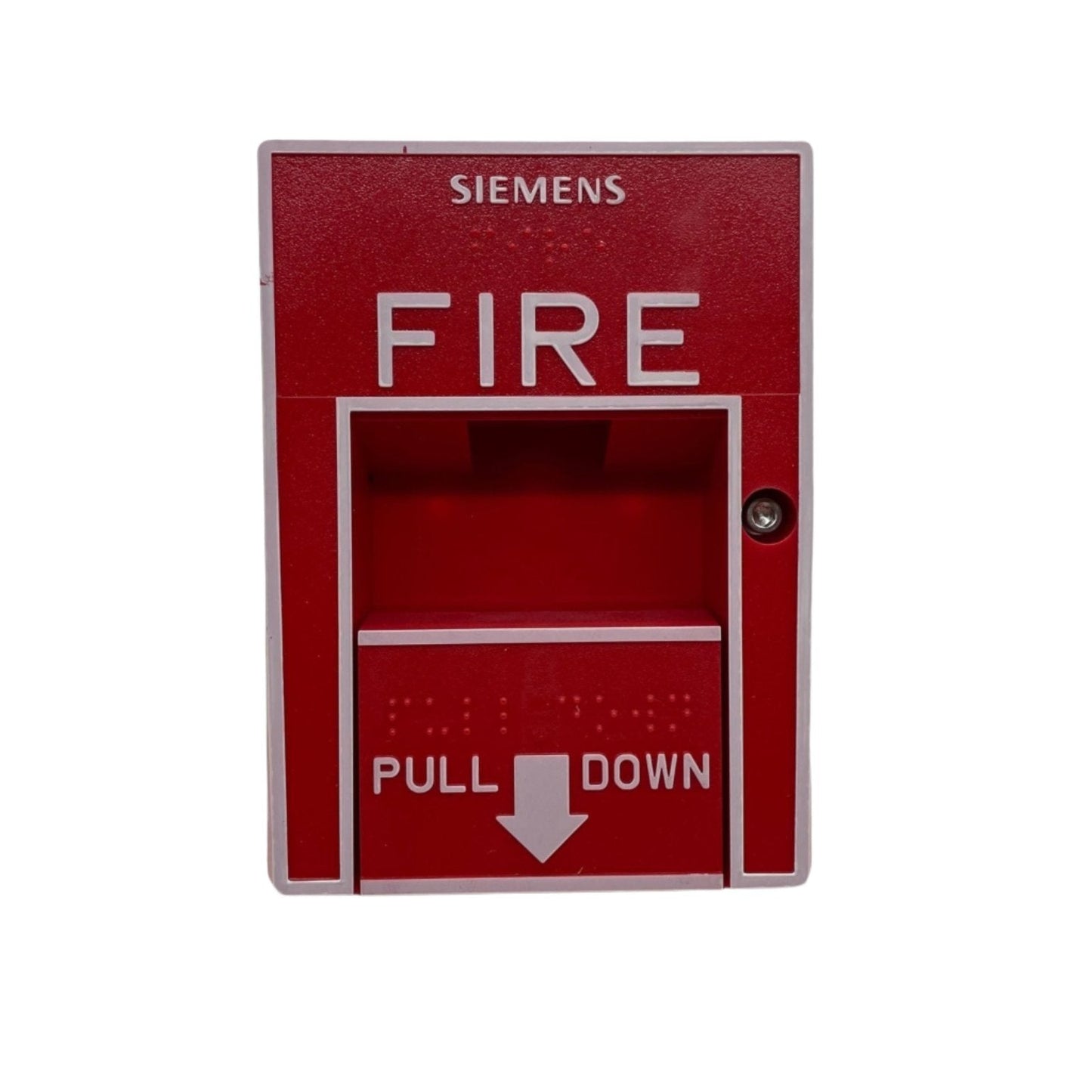 Siemens MS-51 pull station fire alarm manual pull station with black handle and metal frame for emergency activation