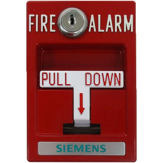 Siemens MSM-K-WP weatherproof manual pull station for emergency fire alarm systems, mounted on wall with metal casing