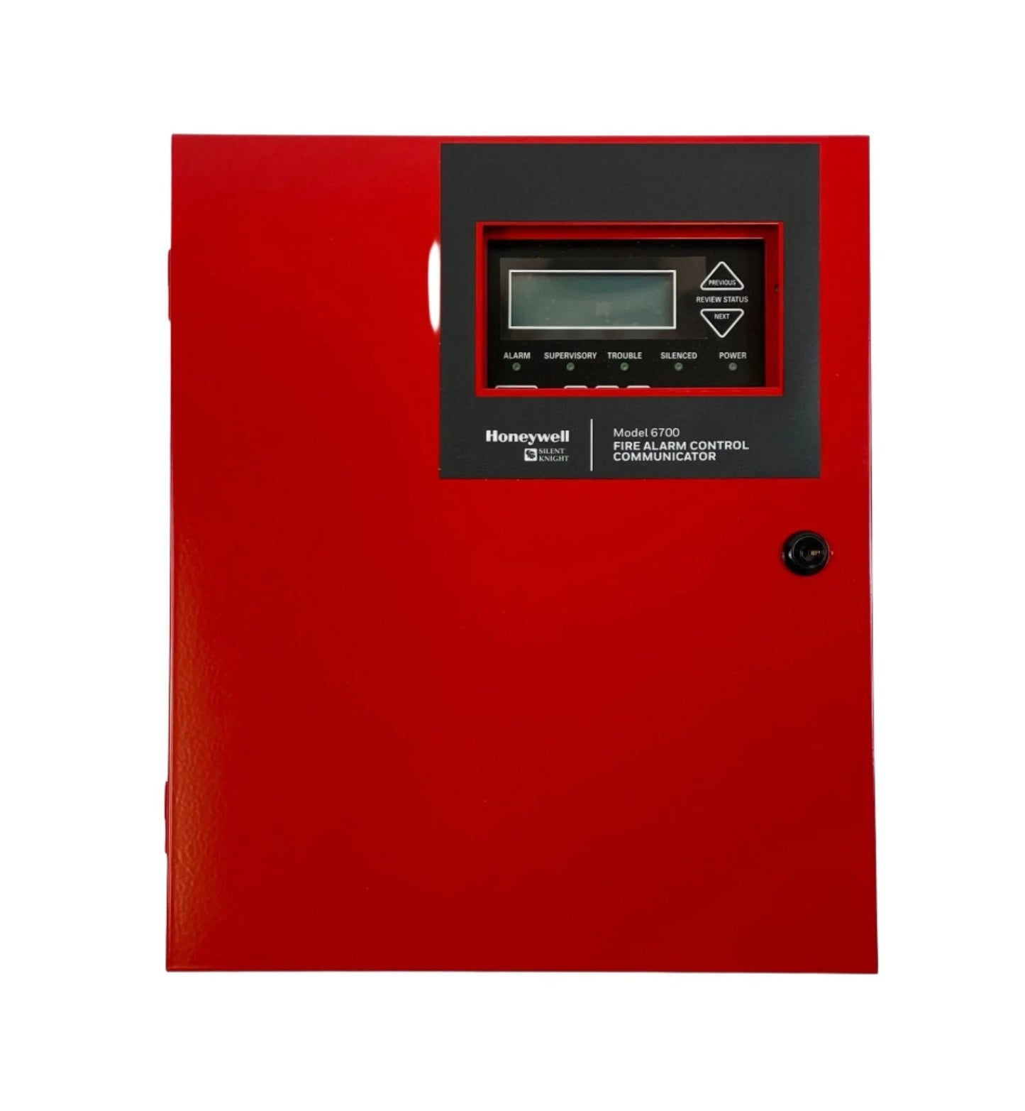 Silent Knight 6700 addressable fire alarm control panel with digital display and control buttons.