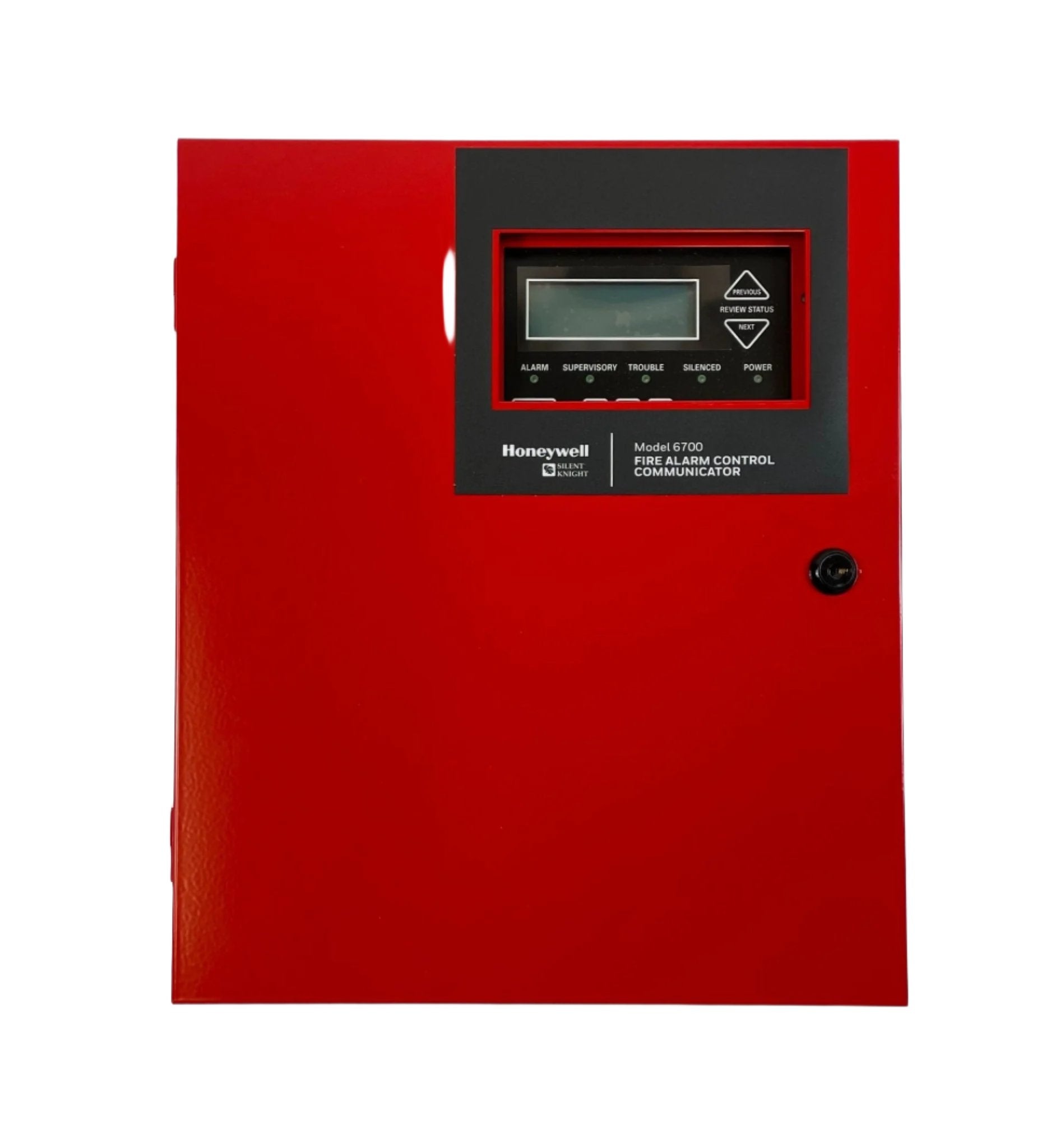 Silent Knight 6700 addressable fire alarm control panel with digital display and control buttons.