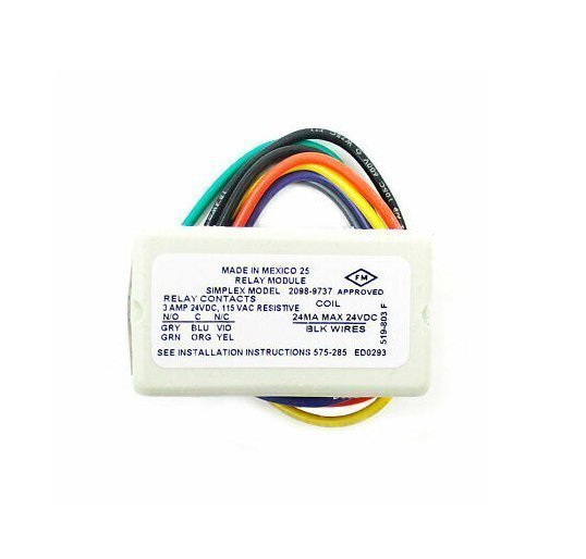 Simplex 2098-9737 conventional photo smoke detector with alarm relay, mounted on a ceiling in a commercial setting.