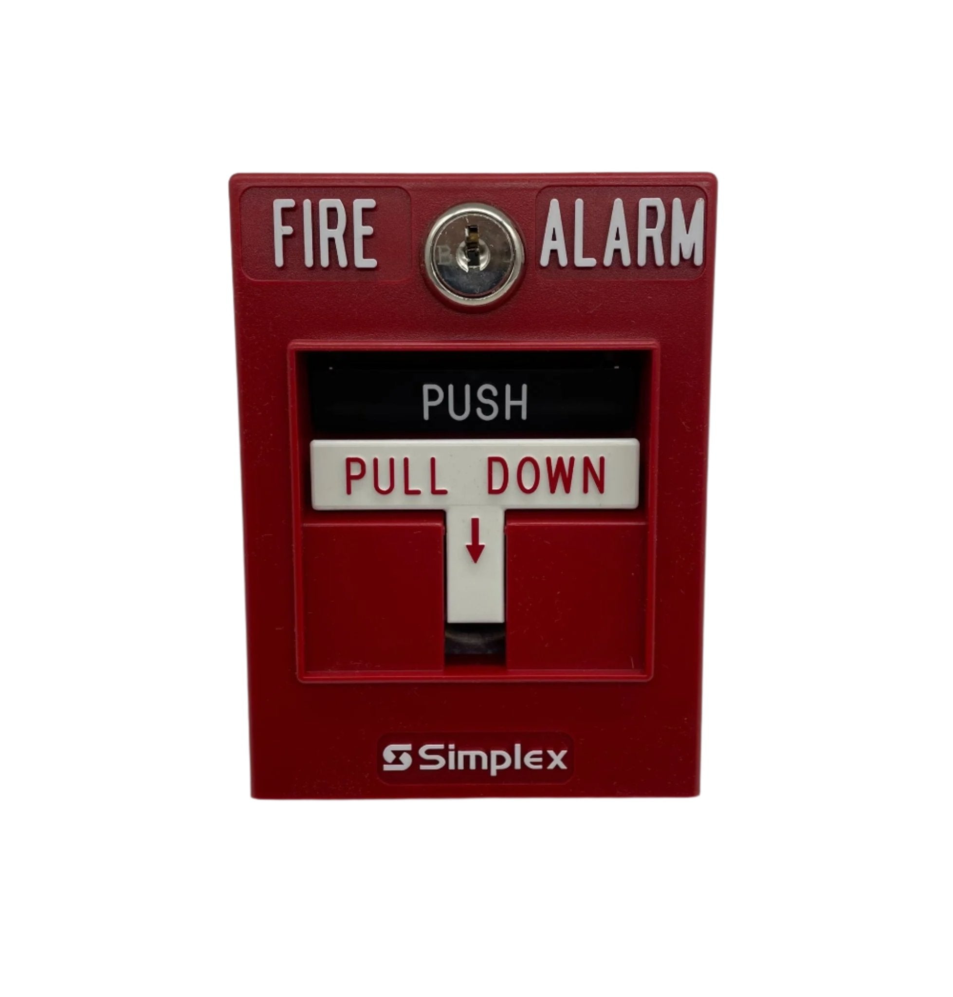 Simplex 2099-9756 double-action fire alarm pull station with key, mounted on wall for emergency activation.