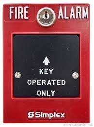 Simplex 2099-9762 single-action pull station for fire alarm systems, mounted on a wall with clear labeling