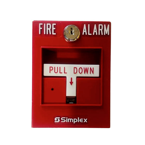 Simplex 4099-9004 IDNet addressable manual pull station for fire alarm systems, mounted on wall with clear labeling.
