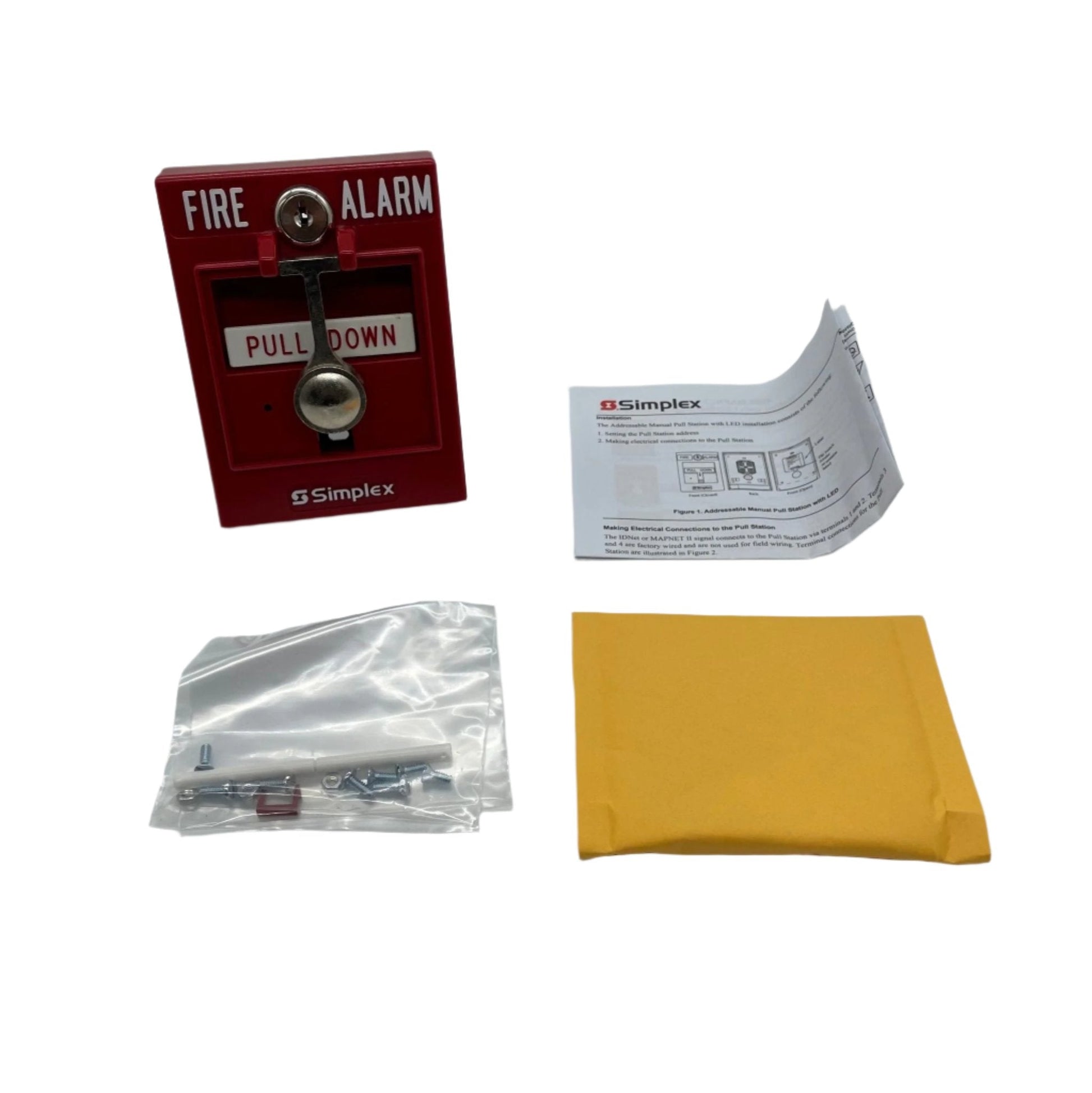 Simplex 4099-9005 IDNet addressable manual pull station with emergency lever and indicator light, mounted on a wall.