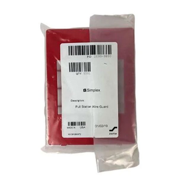 Simplex 2099-9800 pull station with wire guard, used for emergency fire alarm activation, mounted on wall.