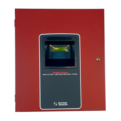 System Sensor PDRP-2001E fire alarm control panel with digital display and control buttons, mounted on a wall.