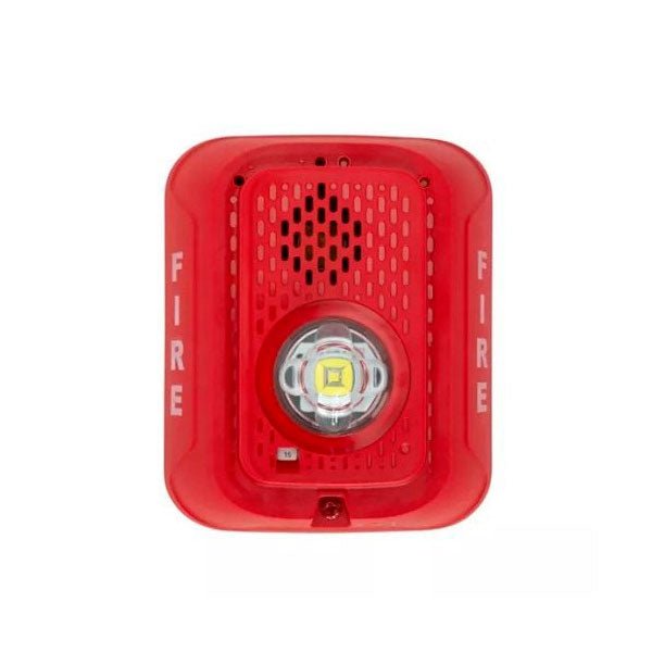 System Sensor P2RLED L-Series 2-wire wall horn-strobe in red, visible with its red horn and strobe light for fire alarm signaling.