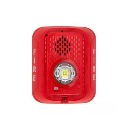 System Sensor P2RLED L-Series 2-wire wall horn-strobe in red, visible with its red horn and strobe light for fire alarm signaling.