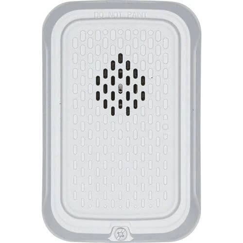 Red System Sensor HGWL L-Series compact wall horn for audible alert, mounted on a wall, in a fire alarm system setup.
