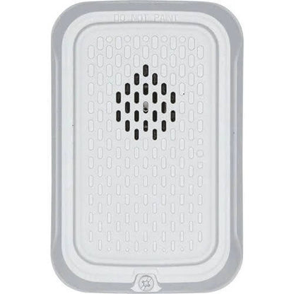 Red System Sensor HGWL L-Series compact wall horn for audible alert, mounted on a wall, in a fire alarm system setup.