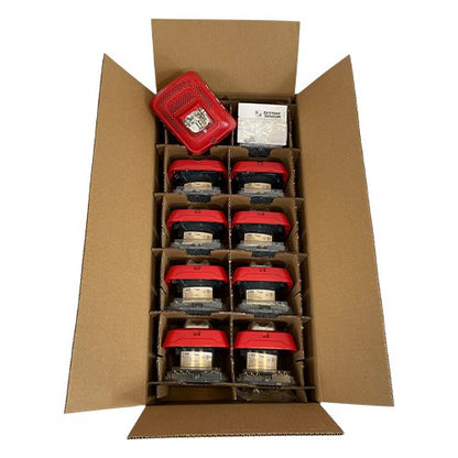 System Sensor SPSRL-BP10 SpectrAlert wall speaker-strobe in red, part of voice systems, shown in bulk pack with 10 units.