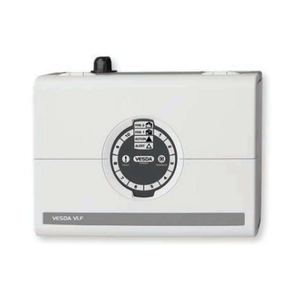 Vesda VLF-500-00-UL LaserFocus aspirating smoke detector mounted on ceiling, detects smoke for fire safety.