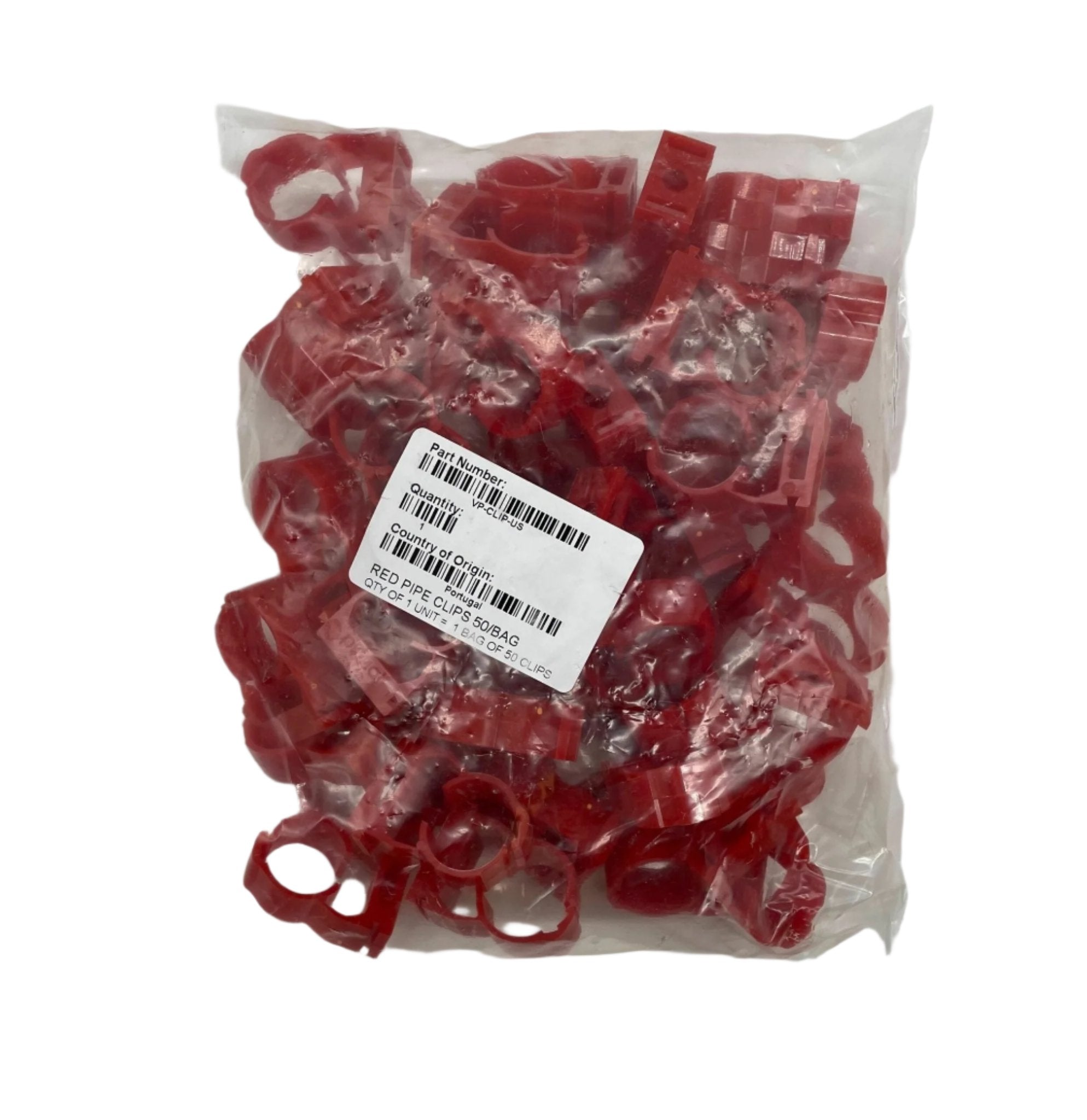 Vesda VP-CLIP-US pipe fitting support clamp, replacement part, shown in a bag with 50 units for secure pipe installation.